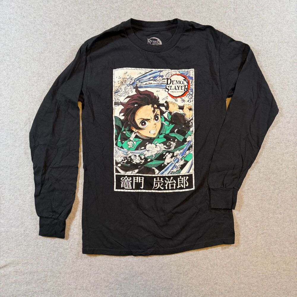 Demon Slayer Tanjiro Kamado Long Sleeve Shirt Black Anime Small 100% Cotton